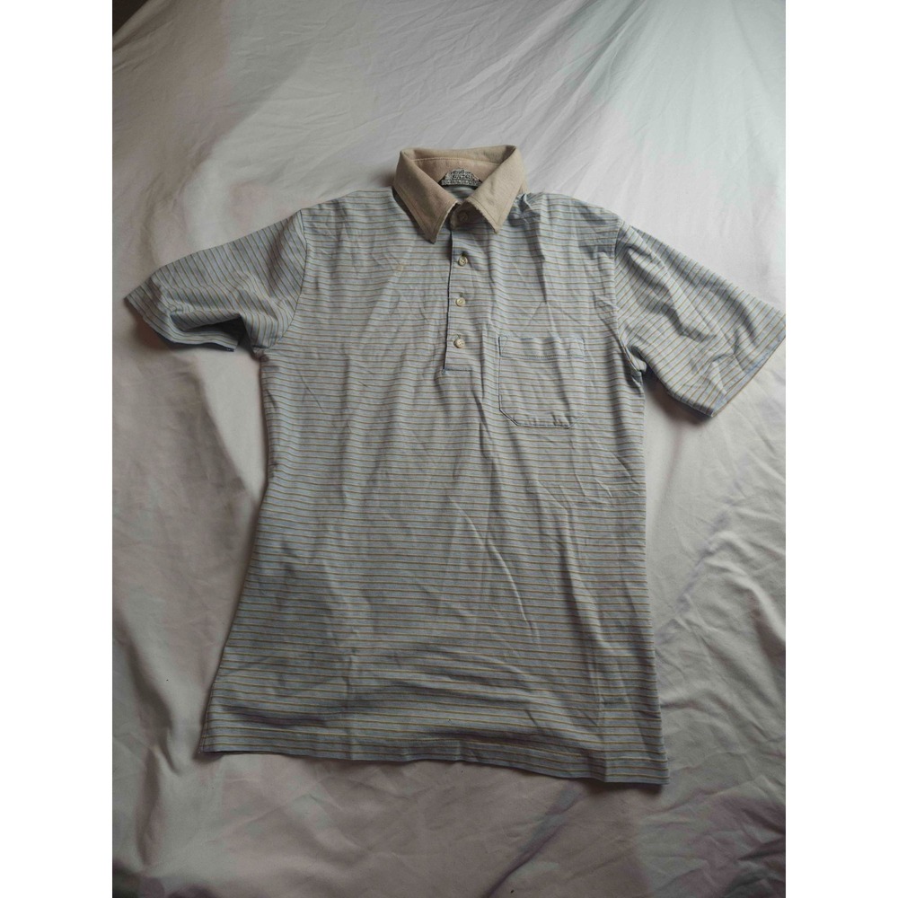 Vintage Jantzen Polo Shirt Men Medium Blue Striped Short Sleeve Pocket Outdoor